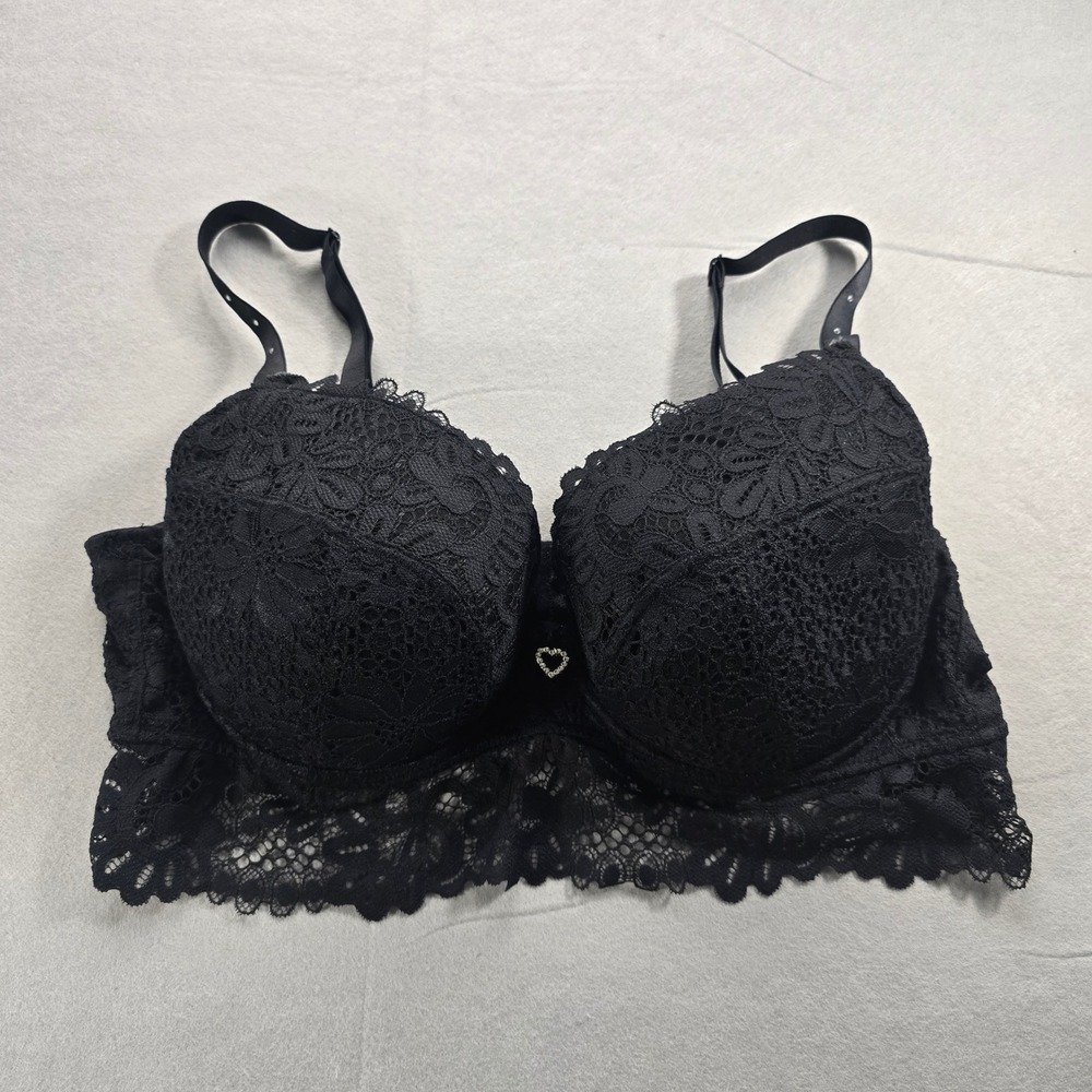 Pour Moi Contradiction Black Lace Longline Underwire Bra 38E Heart Charm